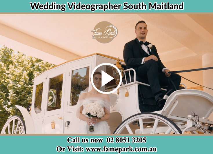 The Groom and the Bride posing for the camera with the wedding carriage South Maitland NSW 2320